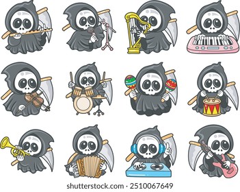 Illustration of cute skull ghost icon.
Funny skull ghost in activities stickers.
Angel of death cute elements.
Evil playing a variation of music instrument
