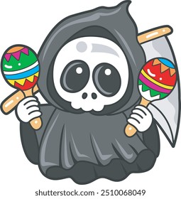 Illustration of cute skull ghost icon.
Funny skull ghost in activities stickers.
Angel of death cute elements.
Demon playing maracas
