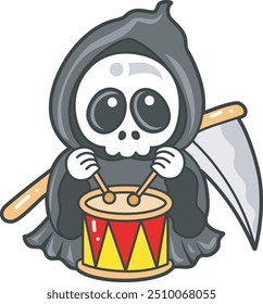 Illustration of cute skull ghost icon.
Funny skull ghost in activities stickers.
Angel of death cute elements.
Demon playing a drum in the carnival
