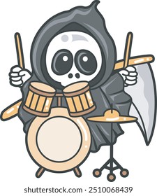 Illustration of cute skull ghost icon.
Funny skull ghost in activities stickers.
Angel of death cute elements.
Demon playing drum in the band
