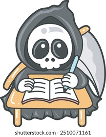 Illustration of cute skull ghost icon.
Funny skull ghost in activities stickers.
Angel of death cute elements.
Demon study for exam
