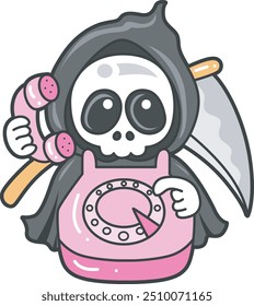 Illustration of cute skull ghost icon.
Funny skull ghost in activities stickers.
Angel of death cute elements.
Demon telephone someone
