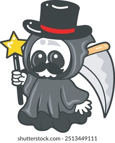 Illustration of cute skull ghost icon.
Funny skull ghost in activities stickers.
Angel of death cute elements.
Angel of death in the magician costume
