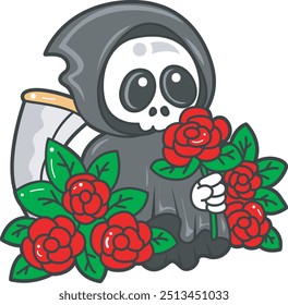 Illustration of cute skull ghost icon.
Funny skull ghost in activities stickers.
Angel of death cute elements.
Angel of death in the middle of rose garden
