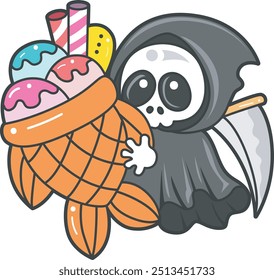 Illustration of cute skull ghost icon.
Funny skull ghost in activities stickers.
Angel of death cute elements.
Angel of death hugging a ice cream taiyaki
