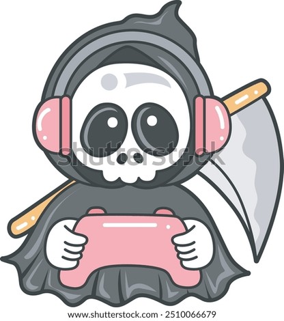 Illustration of cute skull ghost icon.
Funny skull ghost in activities stickers.
Angel of death cute elements.
Demon playing a game
