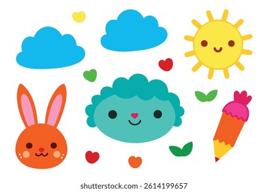An illustration of a cute sky set featuring cartoon-style clouds, hearts, leaves, pencil, a smiling rabbit, and a radiant sun with transparent background.