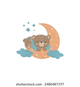 Illustration of Cute Sleeping Baby Bear on the Moon. Baby Vector Illustration