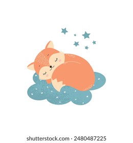 Illustration of Cute Sleeping Baby Fox on Clouds. Baby Vector Illustration
