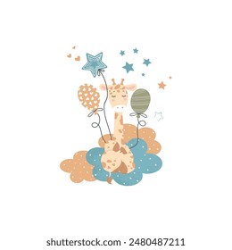 Illustration of Cute Sleeping Baby Giraffe with Balloons on Clouds. Children Vector Illustration
