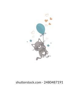 Illustration of Cute Sleeping Baby Kitten Flying on Balloon. Baby Vector Illustration