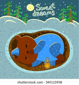 Illustration with a cute sleeping bear. Card with nice cartoon character. Winter greeting card.