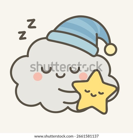 Illustration of a cute sleeping cloud hugging a star, dreaming sweetly under the night sky, isolated on white background a charming illustration for children, conveying peace and tranquility