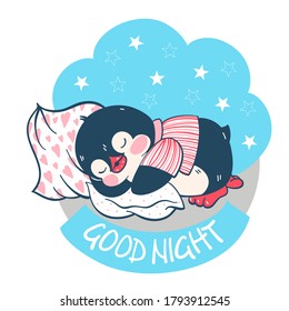 Illustration with a cute  sleeping  penguin isolated on a white background. Vector illustration