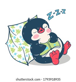 Illustration with a cute  sleeping  penguin isolated on a white background. Vector illustration