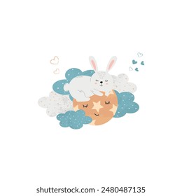 Illustration of Cute Sleeping Rabbit Baby on the Moon. Baby Vector Illustration