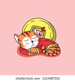 Illustration Of Cute Sleeping Tiger In Chinese Clothes