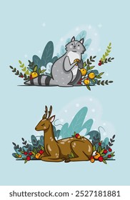 Illustration of a cute, sleepy deer and a joyful raccoon with mandarins in a magical winter atmosphere on a blue background