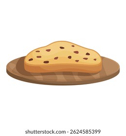 Ilustração de uma fatia fofa de pão de uva passa em um prato de madeira redonda, perfeito para temas de padaria