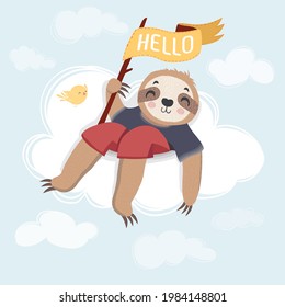 Illustration of cute sloth above the clouds. Adorable hand drawn baby sloth characters hanging on the tree. Illustration for nursery design, poster, greeting, birthday card,baby shower and party.

