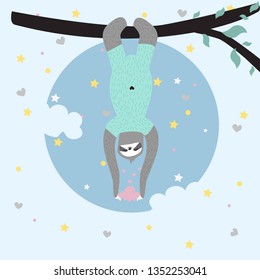 Illustration of a cute sloth hanging upside down with hearts
