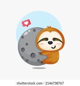 Illustration of a cute sloth hugging the moon
