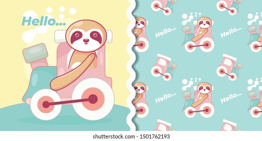 illustration of a cute sloth and pattern set