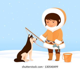 illustration of a cute small Inuit girl and her dog. Eskimo girl in traditional fur coat with her loyal husky.