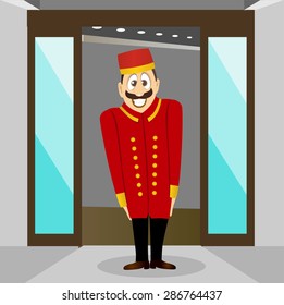 illustration of cute smiling bellhop with mustache waiting for the client