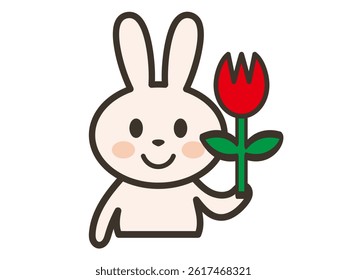 Illustration of a cute smiling rabbit holding a tulip