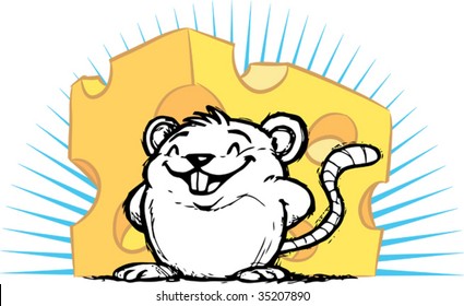 Illustration of Cute smiling Rat with Cheese on the background