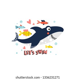 Illustration with a cute smiling shark with fish and text - Let s swim, isolated on a white background in vector.