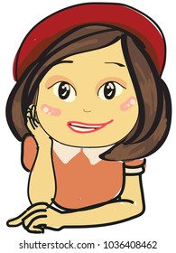 an illustration of a cute smiling short brown hair girl with a red hat and pink dress