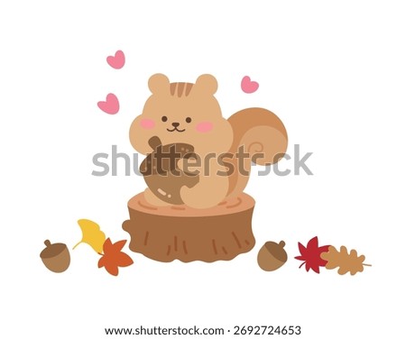 Illustration of a cute, smiling squirrel sitting on a tree stump and holding an acorn. Surrounded by autumn leaves and acorns, it's ideal for fall, forest, nature, storybook, and animal themes.