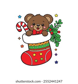 Illustration of a cute and smiling teddy bear inside a Christmas stocking