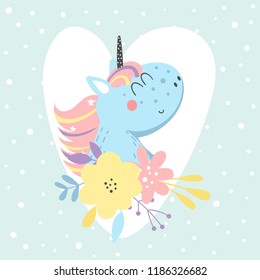 Illustration with cute smiling unicorn with flowers and heart on a light green background with dots. Perfect for greeting cards, posters or a childrens room decoration.