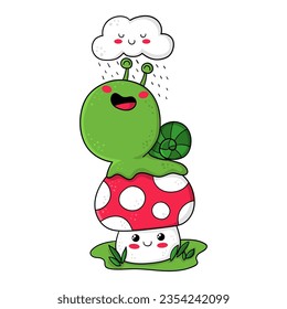 Illustration of a cute snail on top of a mushroom and under a rain cloud, character design, design for t-shirt
