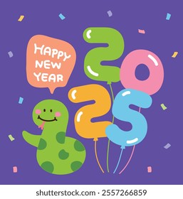 Illustration with a cute snake character and balloon-shaped 2025 typography in a New Year's celebration party concept. 2025 is called 'Year of the Snake' in Asia and Korea.