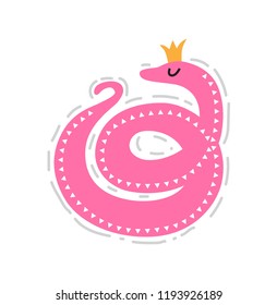 Illustration of a cute snake in a crown in cartoon style. For children's room, prints on children's clothes, postcards, posters, nursery