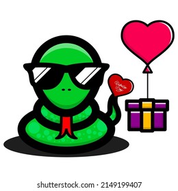 Ilustración de diseño de serpientes lindas en estilo fresco con gafas y regalo de amor para celebrar el Día de San Valentín