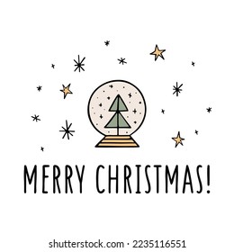 Illustration with cute snow globe, stars, snowflakes and Merry Christmas phrase. Hand drawn vector Christmas banner or template for holiday design, prints and posters. Festive vector card