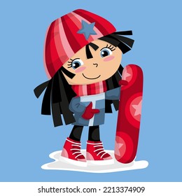 Illustration of a cute snowboarder girl