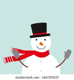 Illustration of cute snowman. Christmas card with snowman. Snowman with red scarf and black hat.