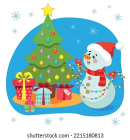 Illustration. A cute snowman decorates the Christmas tree with a garland.