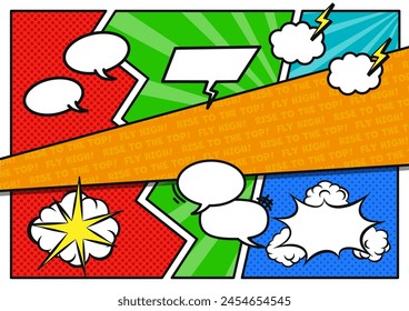 An illustration of a cute speech bubble and a cheerful American comic style panel background design. Vector illustration.