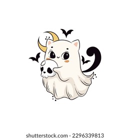 Illustration of cute spooky cat ghost for Halloween party. Creepy icon or pin