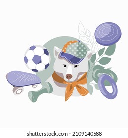Illustration of a cute sporty dog, with sports toys and equipment.