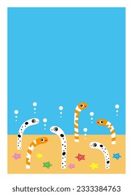 Illustration of a cute Spotted garden eel and western pond eel Summer Greeting Card Template Design Vector.