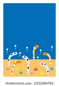 Illustration of a cute Spotted garden eel and western pond eel Summer Greeting Card Template Design Vector.