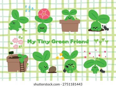 illustration of cute sprout character and insect friends set.